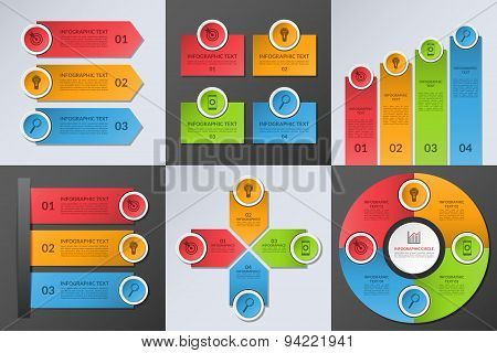 Collection of business infographic design elements. Set of vector colorful templates with 3 or 4 opt