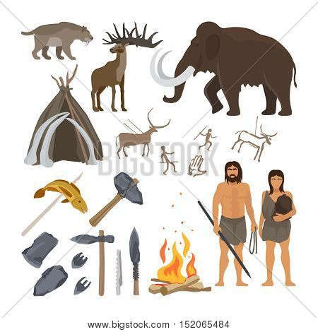 Stone age vector isolated on white background. Caveman or troglodyte, mammoth and bonfire, prehistoric aged primitive tools