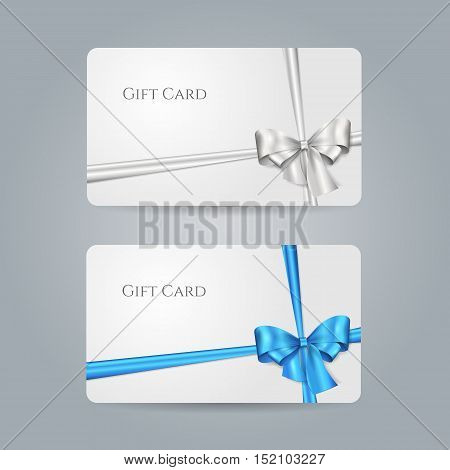 White gift card with blue, silver bow and ribbons. Vector template for design invitation and credit or discount card. Isolated from a background