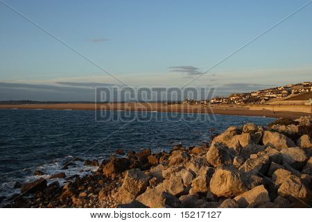 Portland Dorset seascape with Chesil beach in the distance