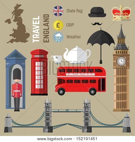 Set of London city symbols. England/United Kingdom vector illustrations. Travel icons: red bus and Tower Bridge, Big Ben and Queen, British flag and tea, telephone box and umbrella, map. Flat design.