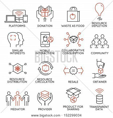 Vector set of 16 thin icons related to altruism cooperation collaborative consumption and volunteering. Mono line pictograms and infographics design elements