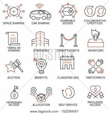 Vector set of 16 thin icons related to altruism cooperation collaborative consumption and volunteering. Mono line pictograms and infographics design elements 