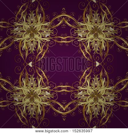 Seamless vintage pattern on lilac background with golden elements.