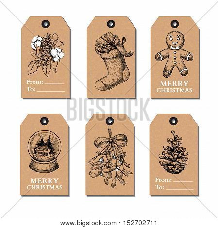 Christmas vintage gift tags set. Vector hand drawn illustration. Botany, holly, mistletoe, sock, pine cone, snow globe, gingerbread man cookie.  Perfect for xmas holiday greetings