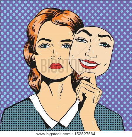 Woman with sad unhappy face holding mask with a fake smile. Vector illustration in comic retro pop art style.