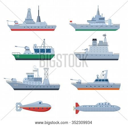 Military Boats. Combatant Warship, Security Frigate. Isolated Naval Defense Combat Icons. Force And 