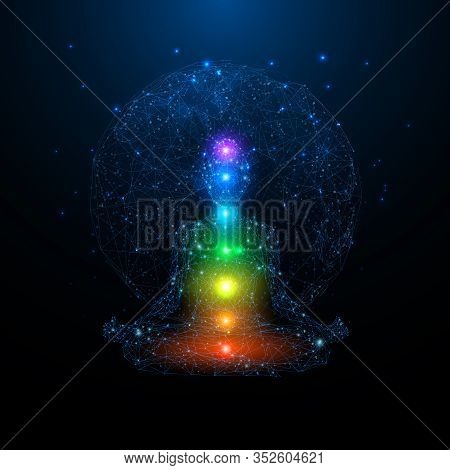 Yoga Space Concept. Young Woman Seats In A Lotus Position. Colorful Chakras On Body On Blue Earth Pl