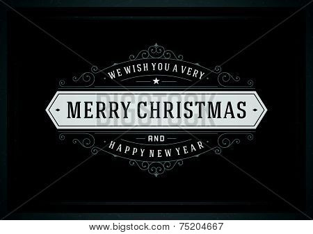 Christmas Retro Typography And Ornament Decoration. Merry Christmas Holidays Wish Greeting Card