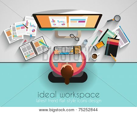 Ideal Workspace for teamwork and brainsotrming with Flat style. A lot of design elements are included: computers, mobile devices, desk supplies, pencil,coffee mug, sheeets,documents and so on