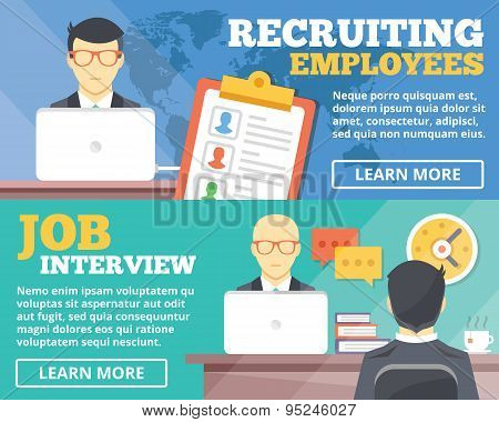 Recruiting employees, job interview flat illustration concepts set