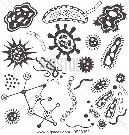 Bacteria, microorganism and virus cells isolated on white background. Vector Illustration.