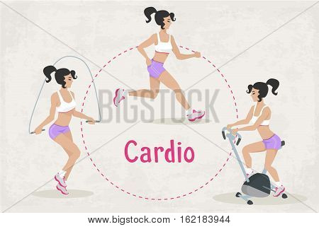 Vector Set of fitness workout exercises for a woman, Cardio exercises for a girl. illustration of realistic woman in sport gym doing endurance exercises. Web design, poster, banner, print element.