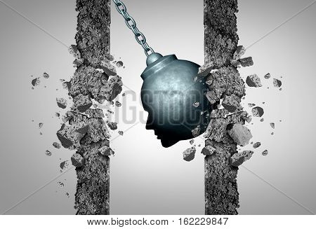 Change thinking concept as a wrecking ball shaped as a human head destroying boundaries and limitations as a business metaphor for transformative intelligence or medical migraine pain and headache symbol with 3D illustration elewments.