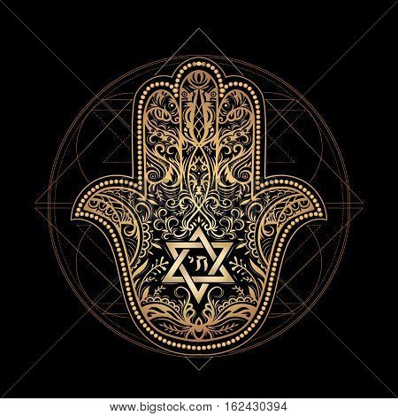 Elegant hand drawn Isolated raditional Jewish sacred amulet and religious symbols - Hamsa or hand of Miriam palm of David star of David Rosh Hashanah Hanukkah Shana Tova