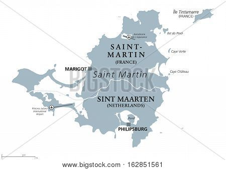 Saint Martin political map. Caribbean island with countries Saint-Martin, France and Sint Maarten, The Netherlands. Capitals Marigot and Philipsburg. Gray illustration with English labeling. Vector.