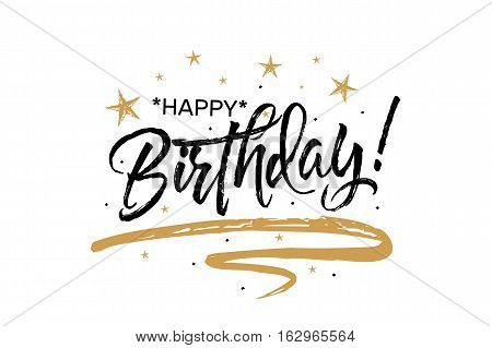 Happy Birthday. Beautiful greeting card poster with calligraphy black text Word gold ribbon. Hand drawn design elements. Handwritten modern brush lettering on a white background isolated vector