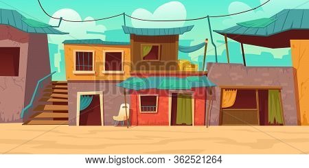 Ghetto Street With Poor Dirty Houses. Vector Cartoon Illustration Of Slum, Neighborhood With Old Bro