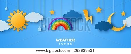 Set Of Cartoon Paper Cut Weather Icons On Blue Sky Background. Vector Illustration. Sun In Clouds, R