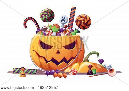 Halloween Pumpkin With Candies. Pumpkin Trick Or Treat Bag. Halloween Pumpkin, Lollipop And Candy. C