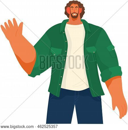 Portrait Of Smiling Man Saying Hello And Waving With Hand. Hi Or Bye Gesture. Happy Guy Greeting And