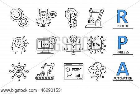 Rpa Icons, Robotic Automation Process And Ai Technology, Vector Industry Robot Symbols. Rpa Line Ico