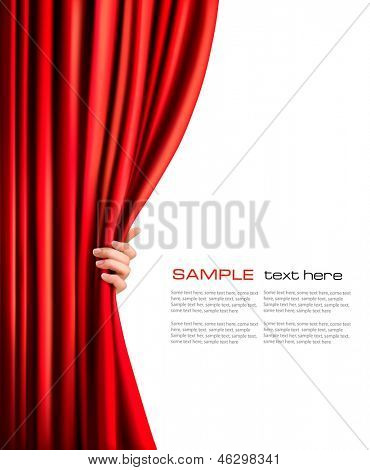 Background with red velvet curtain and hand. Vector illustration.