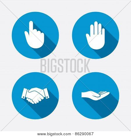 Hand icons. Handshake and click here symbols.