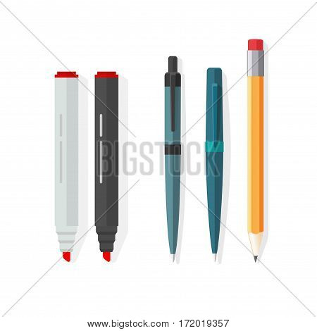 Pens, pencils, markers vector set isolated on white background, ballpoint pens, lead orange dot biro pen with red rubber eraser, flat style pencil, stationery set cartoon illustration design