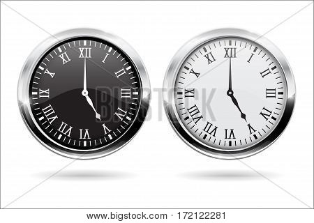 Clock. Black and white clock face with roman numerals and chrome frame. Vector illustration isolated on white background