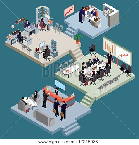 Vector illustration of a set of 3D isometric people in business suits in the office. Isometric business men and business women in different poses at their workplaces.