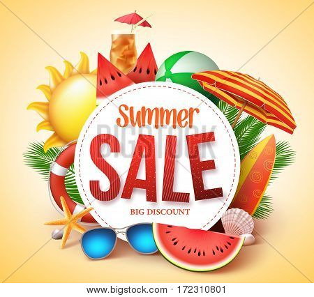 Summer sale vector banner design for promotion with colorful beach elements behind white circle in yellow background. Vector illustration.