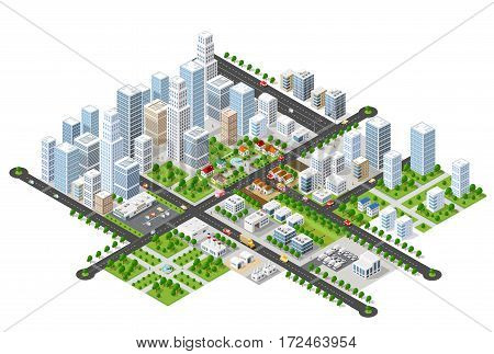 Megapolis 3d isometric three-dimensional view of the city. Collection of houses skyscrapers buildings built and supermarkets with streets and traffic. The stock vector