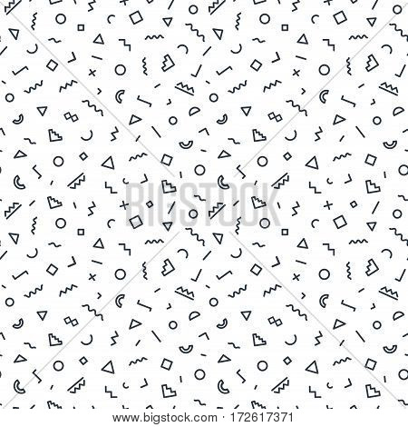 Geometric seamless pattern black color consisting of stroke geometric shapes on white background for use on stickers, banners, cards, advertisement. Geometric pattern hipster memphis style. Vector Illustration