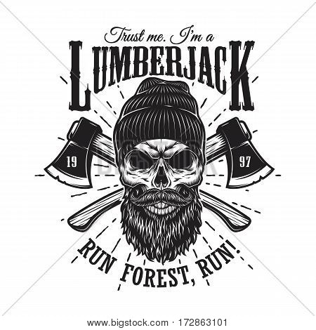 Vintage hipster lumberjack emblem with crossed axes behind the skull in beanie, with beard and moustache. Sunburst on background. Monochrome, isolated on white background.