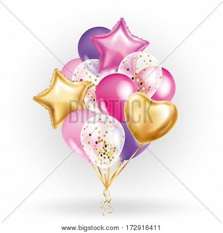 Heart star Gold balloon Bouquet. Frosted party balloons event design. Balloons isolated in the air. Party decorations for wedding, birthday, celebration, love, valentines, kids. Color transparent balloon