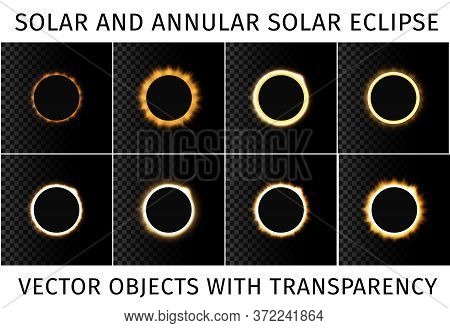 Total And Annular Solar Eclipse. Set Of Different Eclipses On A Dark Background With With An Example