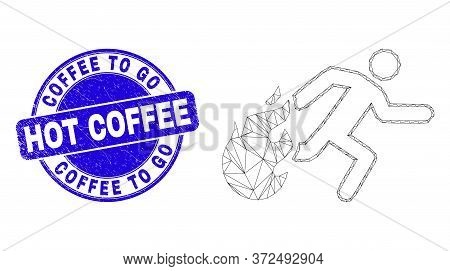 Web Carcass Person Running Away From Fire Icon And Coffee To Go Hot Coffee Watermark. Blue Vector Ro