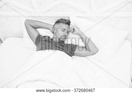 Breathe Easily, Sleep Well. Handsome Man In Bed. Sleeping Guy At Home. Relaxed Man. Promote Preventi