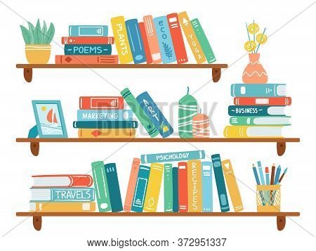 Interior Bookshelves. Books At Bookshelf, Textbooks Pile, School Education Or Bookstore Shelf, Libra