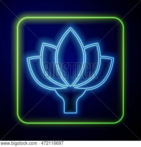 Glowing Neon Lotus Flower Icon Isolated On Blue Background. Vector