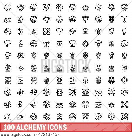 100 Alchemy Icons Set. Outline Illustration Of 100 Alchemy Icons Vector Set Isolated On White Backgr