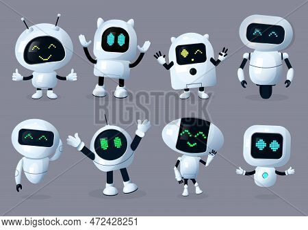 Robots Character Vector Set Design. Robotic Characters Isolated For Robot Cyborg Digital Ai Collecti