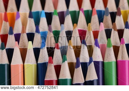 Macro Photography Of Colored Pencils. Background Of Colorful Sharpened Colored Pencils. Stationery S