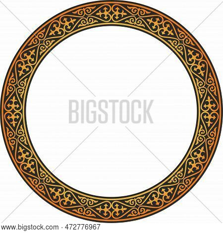 Vector Orange And Black Kazakh National Round Pattern, Frame. Ethnic Ornament Of The Nomadic Peoples