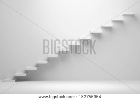 Ascending stairs of rising staircase going upward in white empty room abstract white 3d illustration. Business growth progress way and forward achievement creative concept.