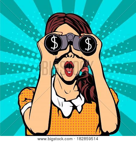 Financial monitoring of currency dollar businessman binoculars pop art retro style.  Sexy surprised woman with open mouth. Colorful vector background in pop art retro comic style.