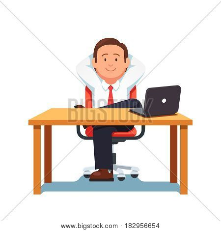 Relaxed business man entrepreneur sitting in office chair in confident pose at a clean desk with laptop computer. Flat style modern vector illustration.