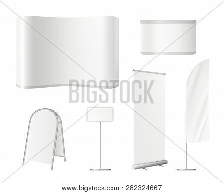 Promotional Blank Stands. Advertising Exhibition Empty Space With Wall Roll Up Banners Desk Vector M