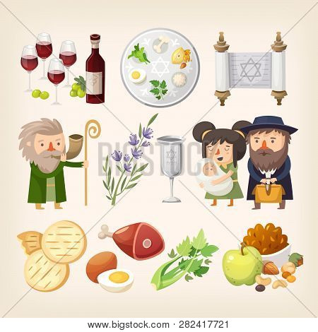 Set Of Images Related To Passover Or Pesach Holiday. Traditional Food, People And Elements For Creat